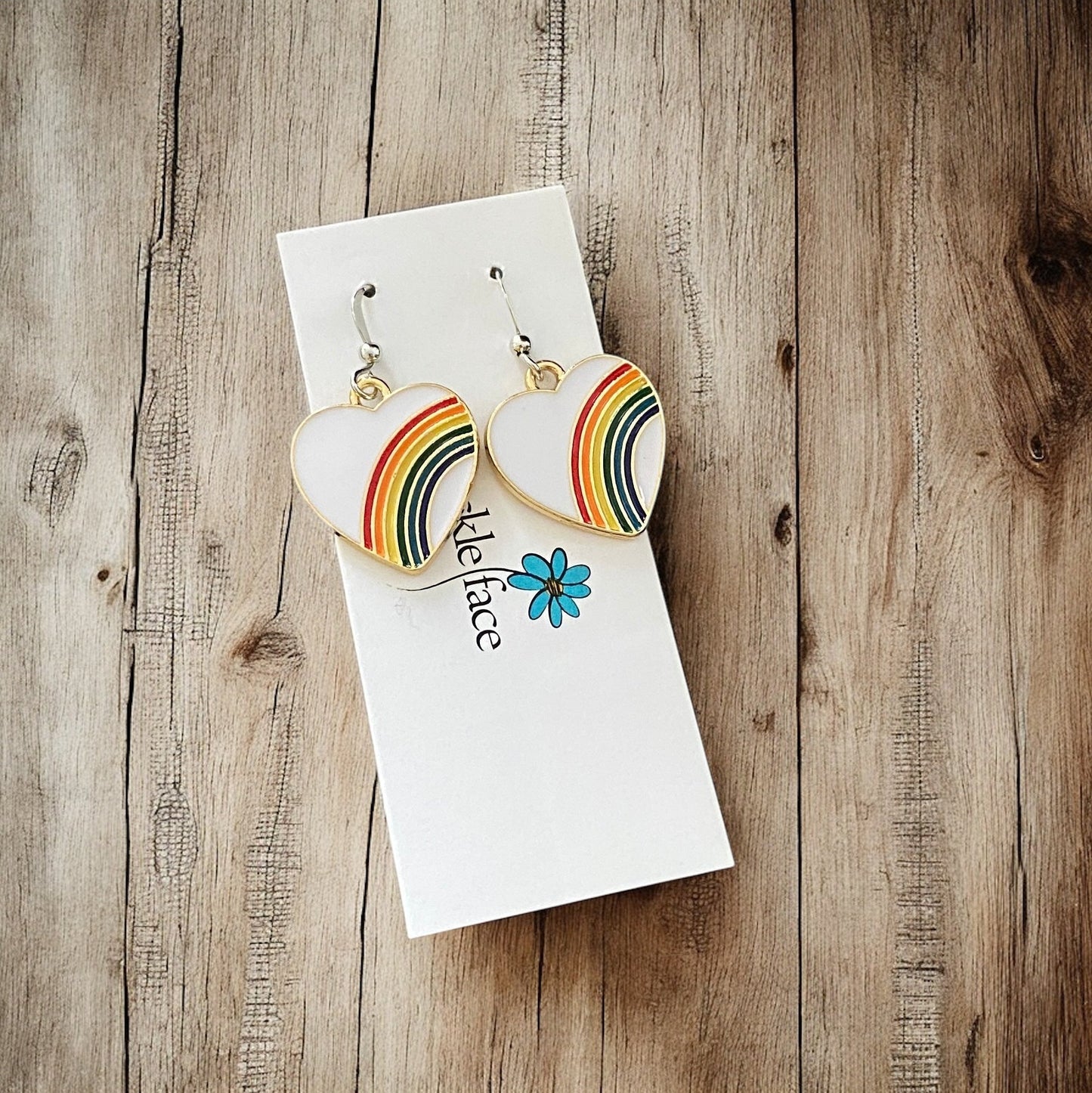 Rainbow Heart Hook Earrings – White Enamel & Multicolor Rainbow - Velora