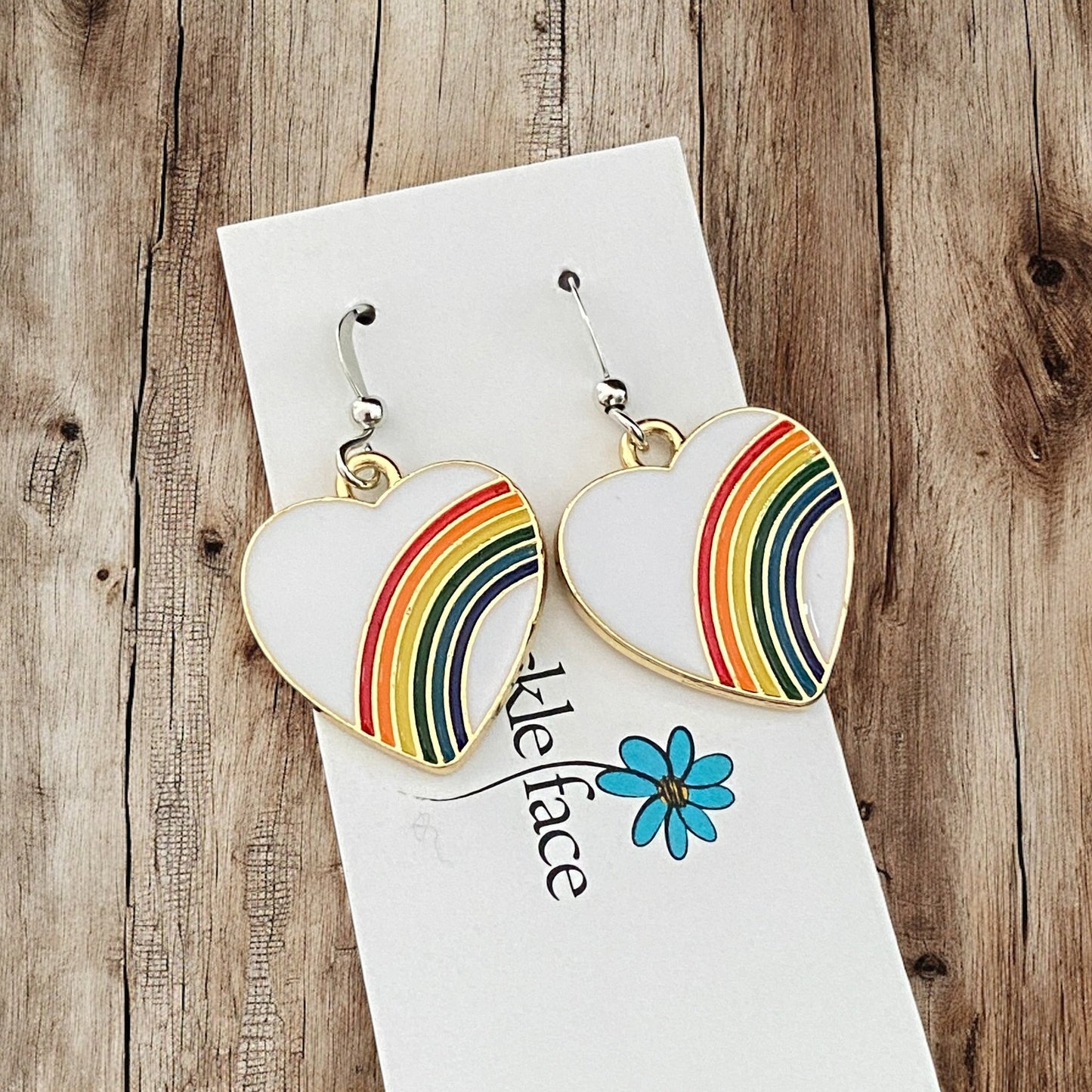 Rainbow Heart Hook Earrings – White Enamel & Multicolor Rainbow - Velora