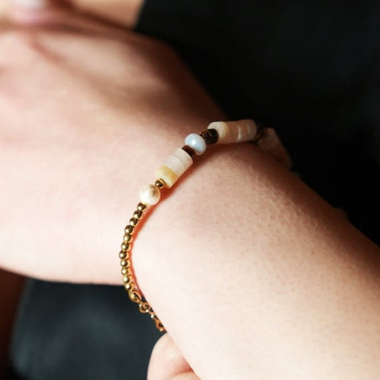 JERASA: Chalcedony Stones, Fresh Water Pearls & Gold Ball-Beaded Bracelet. - Velora Luxury Fashion