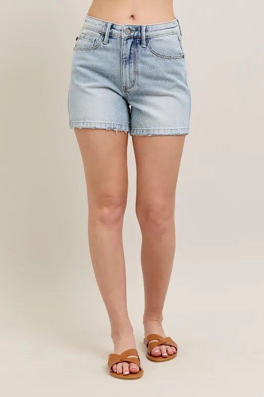 Judy Blue Full Size Frayed Hem High Rise Denim Shorts with Pockets Plus Size - Velora Luxury Fashion