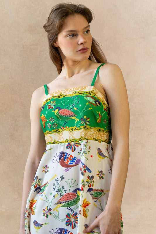 Julie Bird Print Green Strap Midi Dress