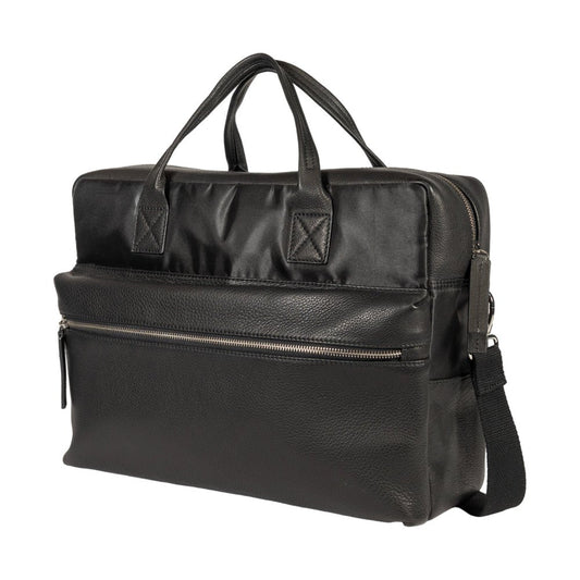 K0043AB | Briefcase in Nylon Waterproof/Vera Pelle pieno fiore con leggera grana - Colore Nero - Pochette interna - Accessori Silver lucido - Dimensioni cm 39 x 30 x 12 - Confezione: Sacchetto Tnt - Velora Luxury Fashion