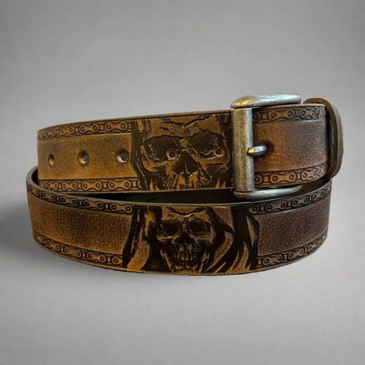 Keldon Grain Leather Men's Skull Shain Design Removable Buckle Belt - Velora Luxury Fashion
