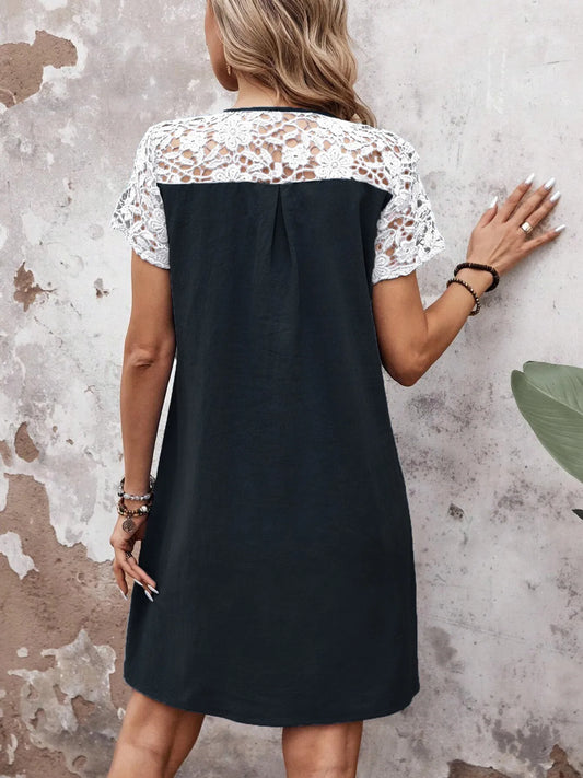 Lace Button Detail Round Neck Mini Dress - Velora Luxury Fashion