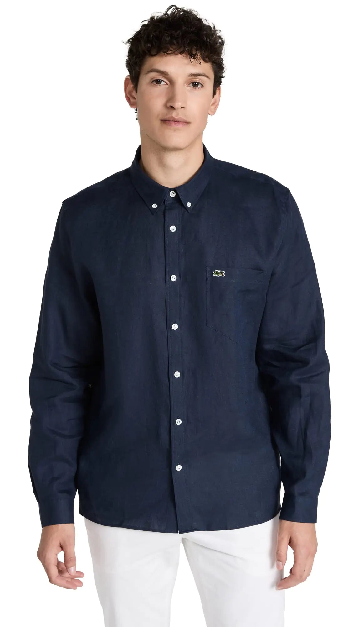 Lacoste Mens Long Sleeve Regular Fit Linen Button Down Shirt Navy Blue - Velora Luxury Fashion