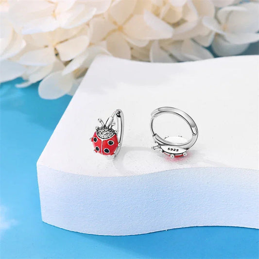 Ladybug Sterling Silver Hoop Earrings With Cubic Zirconia - Velora Luxury Fashion
