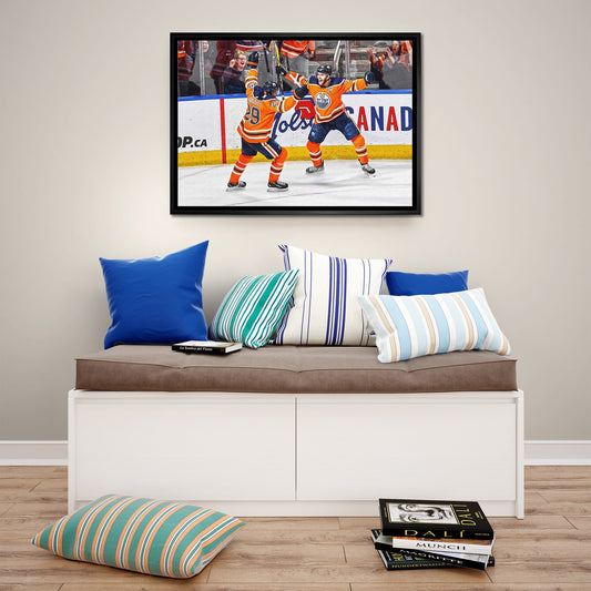 Leon Draisaitl and Connor McDavid 20x29 Framed Canvas Oilers Celebration-H - Velora Luxury Fashion
