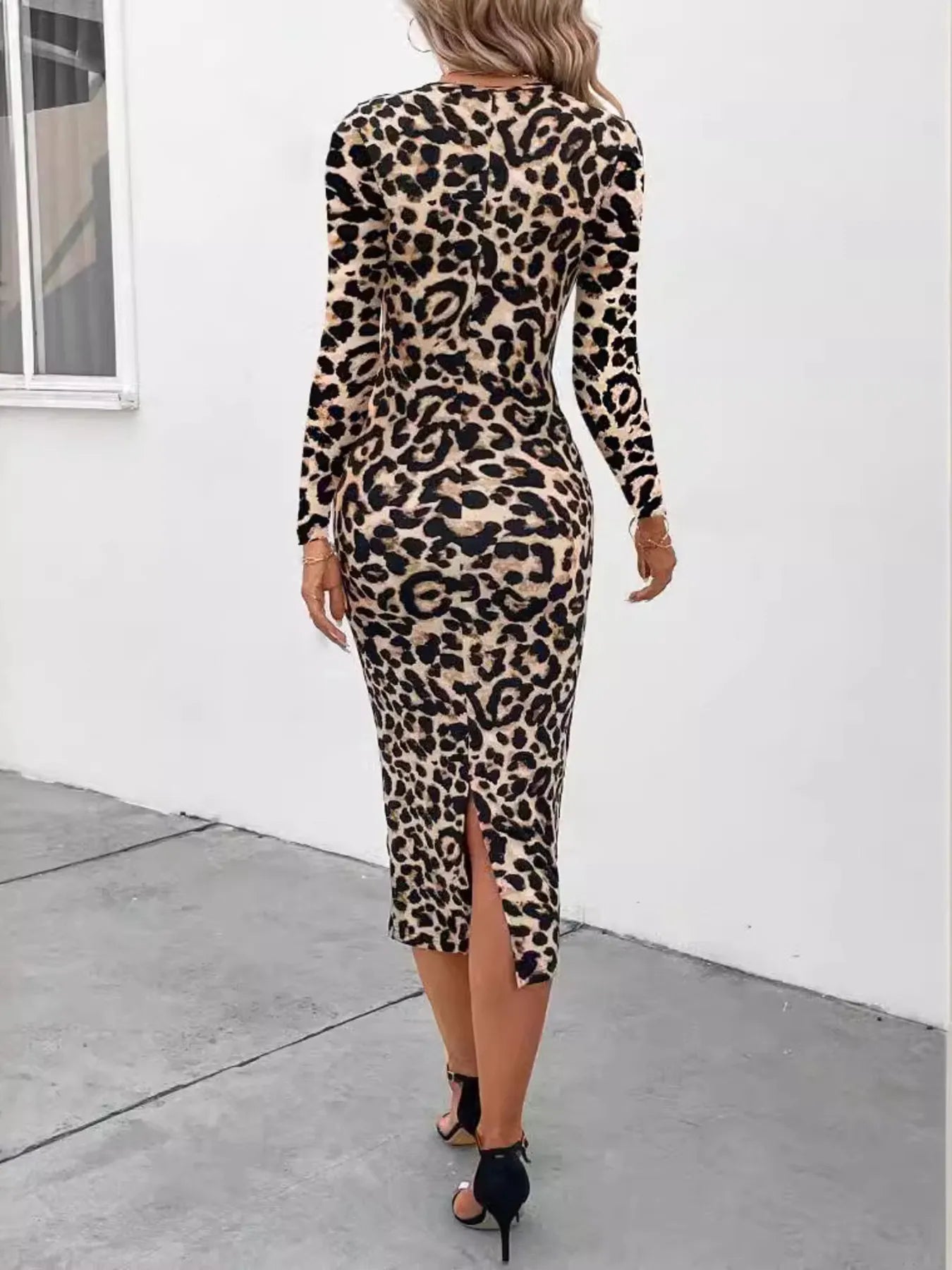 Leopard Print Long Sleeve Bodycon Midi Dress - Velora Luxury Fashion