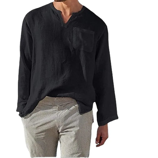 Men's Full Size Casual Notched Linen Long Sleeve Top Plus Size - Velora