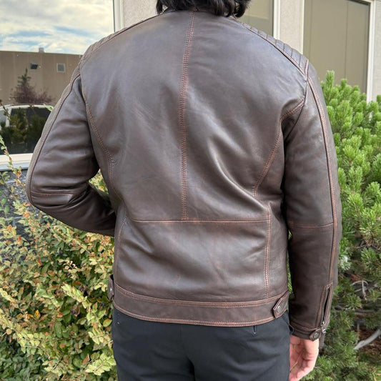 Men's Lamb Leather Jacket. Brown Vintage Style with Zip Pockets - Velora Luxury Fashion