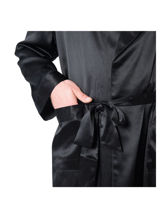 Men's Mulberry Silk Robe Black with Twilight Blue Collar - Velora Luxury Fashion