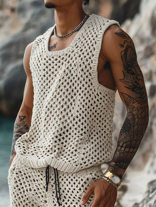 Men's Plus Size Hollow Out Round Neck Tank and Shorts Set - Velora Luxury Fashion