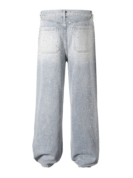 Men's Rhinestone Embellished Wash Relaxed Fit Jeans - Velora Luxury Fashion