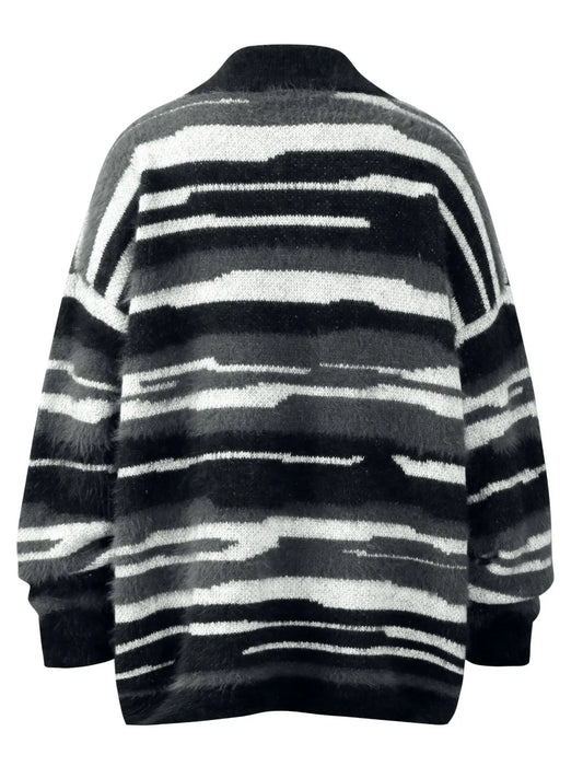 Men's Striped Fuzzy Zip-Up Cardigan - Velora Luxury Fashion