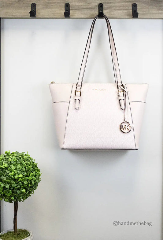 Michael Kors Charlotte Large Light Powder Blush Signature PVC Top Zip Tote Handbag - Velora Luxury Fashion