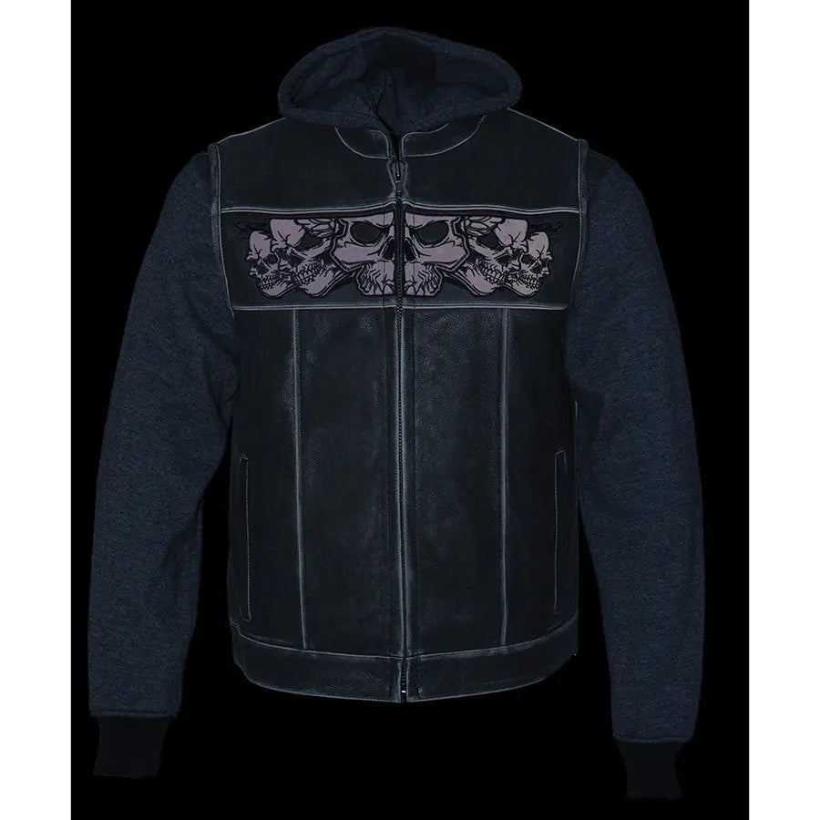 Milwaukee Leather Men's Black Leather Vest with Reflective Skulls & Full Hoodie Liner Boutique of Leathers/Open Road
