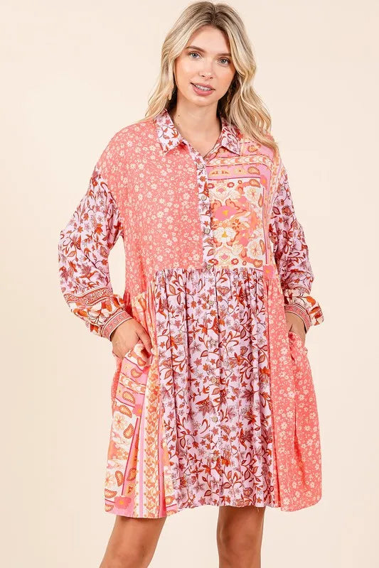 Mittoshop Floral Button Detail Long Sleeve Shirt Dress - Velora Luxury Fashion