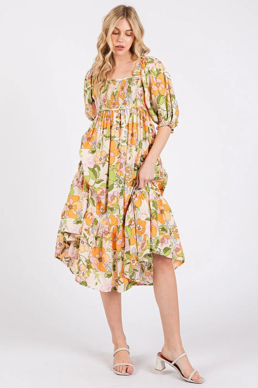 Mittoshop Flower Print Puff Sleeve Ruffle Smocked Midi Dress - Velora Luxury Fashion