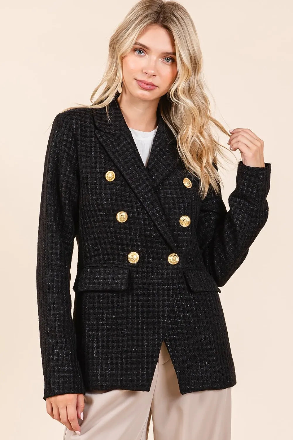 Mittoshop Plaid Texture Double-Breasted Long Sleeve Blazer - Velora Luxury Fashion