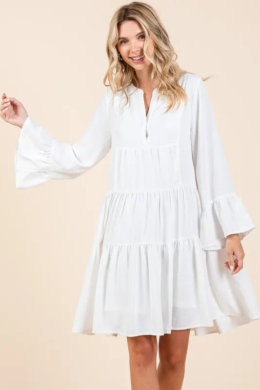 Mittoshop Tiered Notched Flare Sleeve Dress - Velora Luxury Fashion