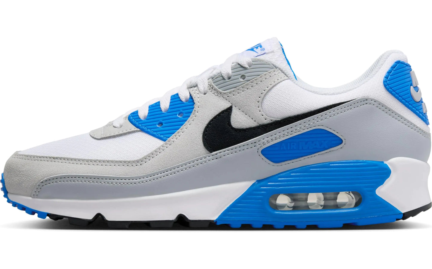 Nike Air Max 90 Mens Shoes (FN6958-102 White/Photo Blue/Pure Platinum/Black) Size 10 - Velora Luxury Fashion