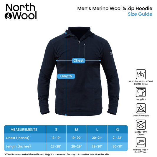 NorthWool Men's Merino Wool 1/4 Zip Midlayer Hoodie with Pouch and Pocket 260 GSM - Velora