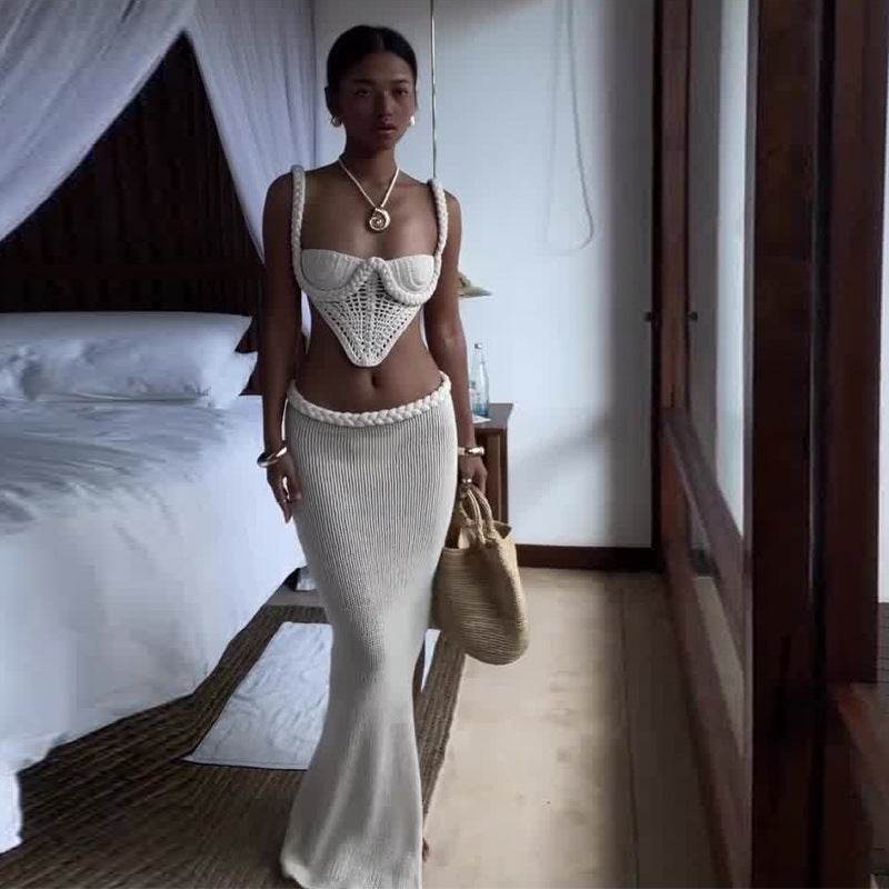 Y2K Crochet Knit 2 Piece Skirt Set Women's Square Collar Camisole Hip Skirt Hollow Out Strapless Tube Top Low Waist Bodycon Maxi Skirts Outfit - Velora