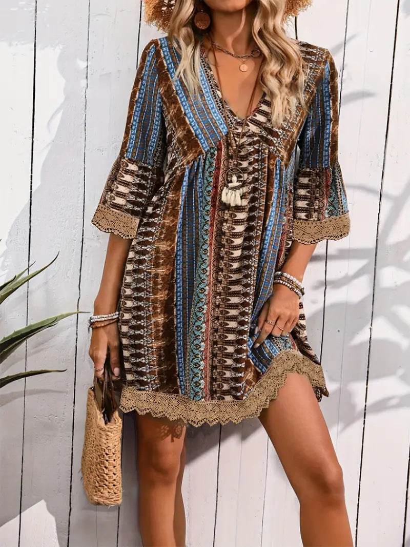 Bohemian Style V-neck Printed Dress Fashion Casual Loose Beach Dresses For Women - Velora