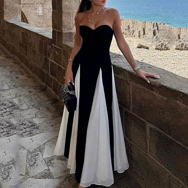 Summer New Color Contrast Patchwork Pure Desire Style Tube Top Dress - Velora