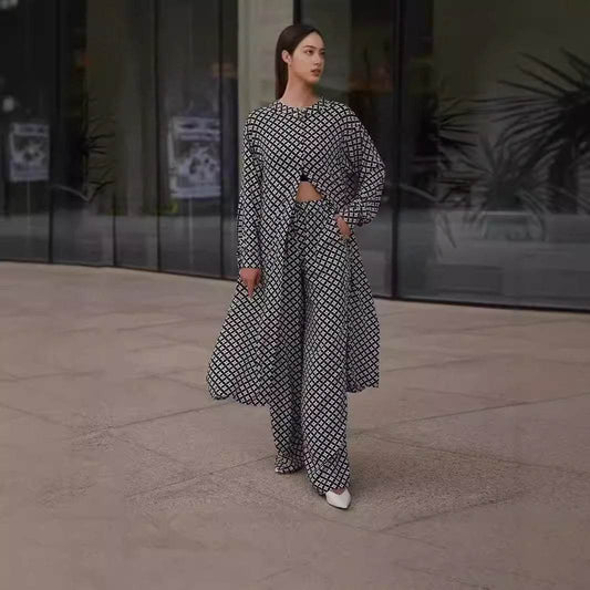 Printed Long Sleeve Loose Printed Two-piece Suit - Velora