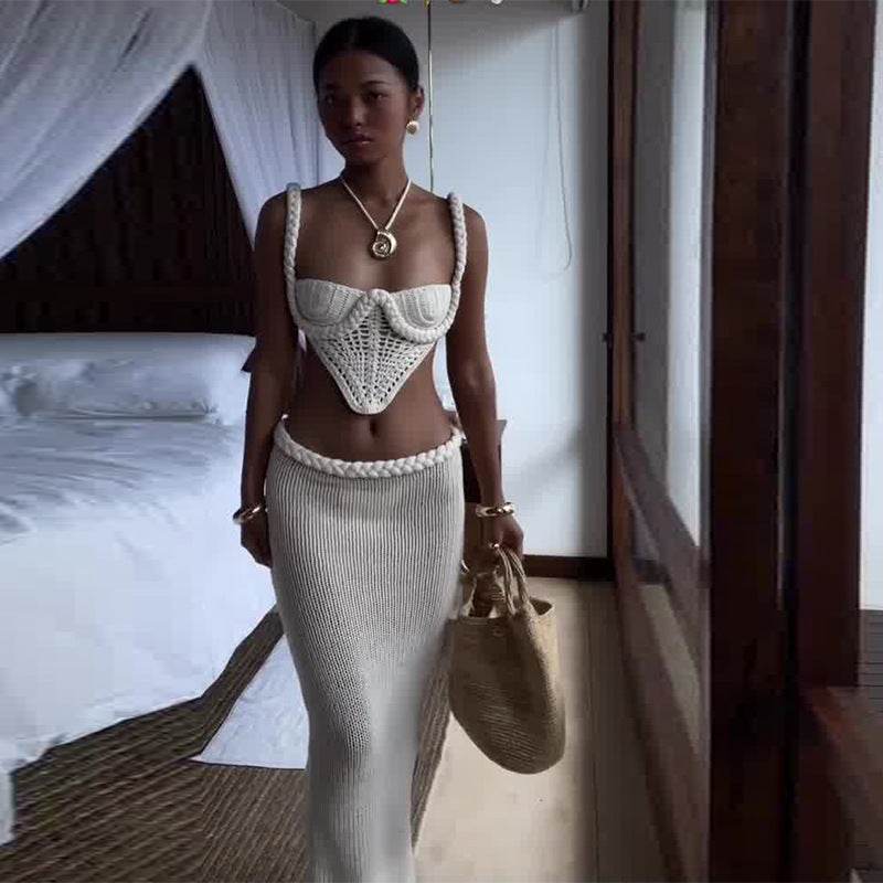 Y2K Crochet Knit 2 Piece Skirt Set Women's Square Collar Camisole Hip Skirt Hollow Out Strapless Tube Top Low Waist Bodycon Maxi Skirts Outfit - Velora