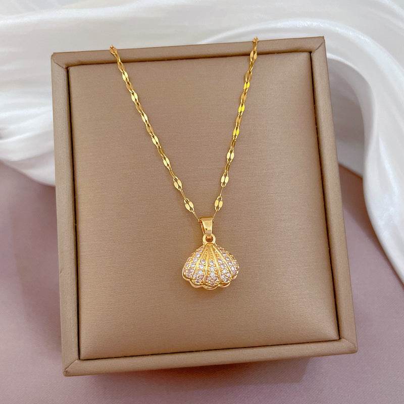 Shell Pearl Necklace With Rhinestones Female Zircon Temperament Personality Jewelry - Velora