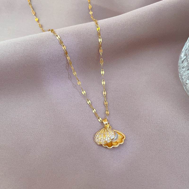 Shell Pearl Necklace With Rhinestones Female Zircon Temperament Personality Jewelry - Velora