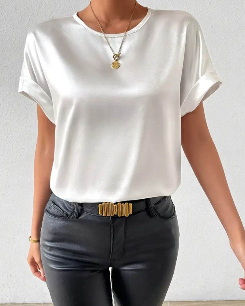 Elegant Solid Color Round Neck Short Sleeves Top T-shirt - Velora