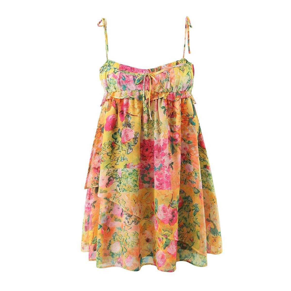 Y2K Flowers Print Suspender Dress Summer Fashion Ruffled Holiday Beach Short Dresses Womens Clothing - Velora