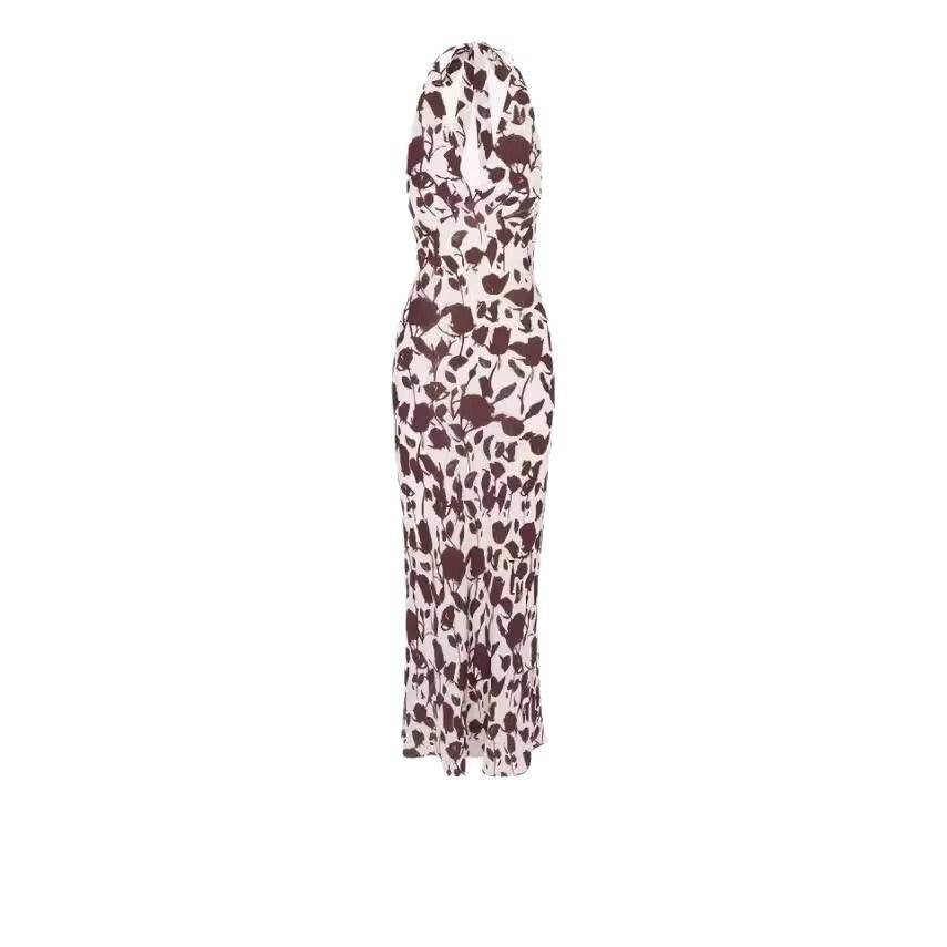 French Vest Printed Midi Floral Summer New Elegant Backless V-neck Halter Dress
