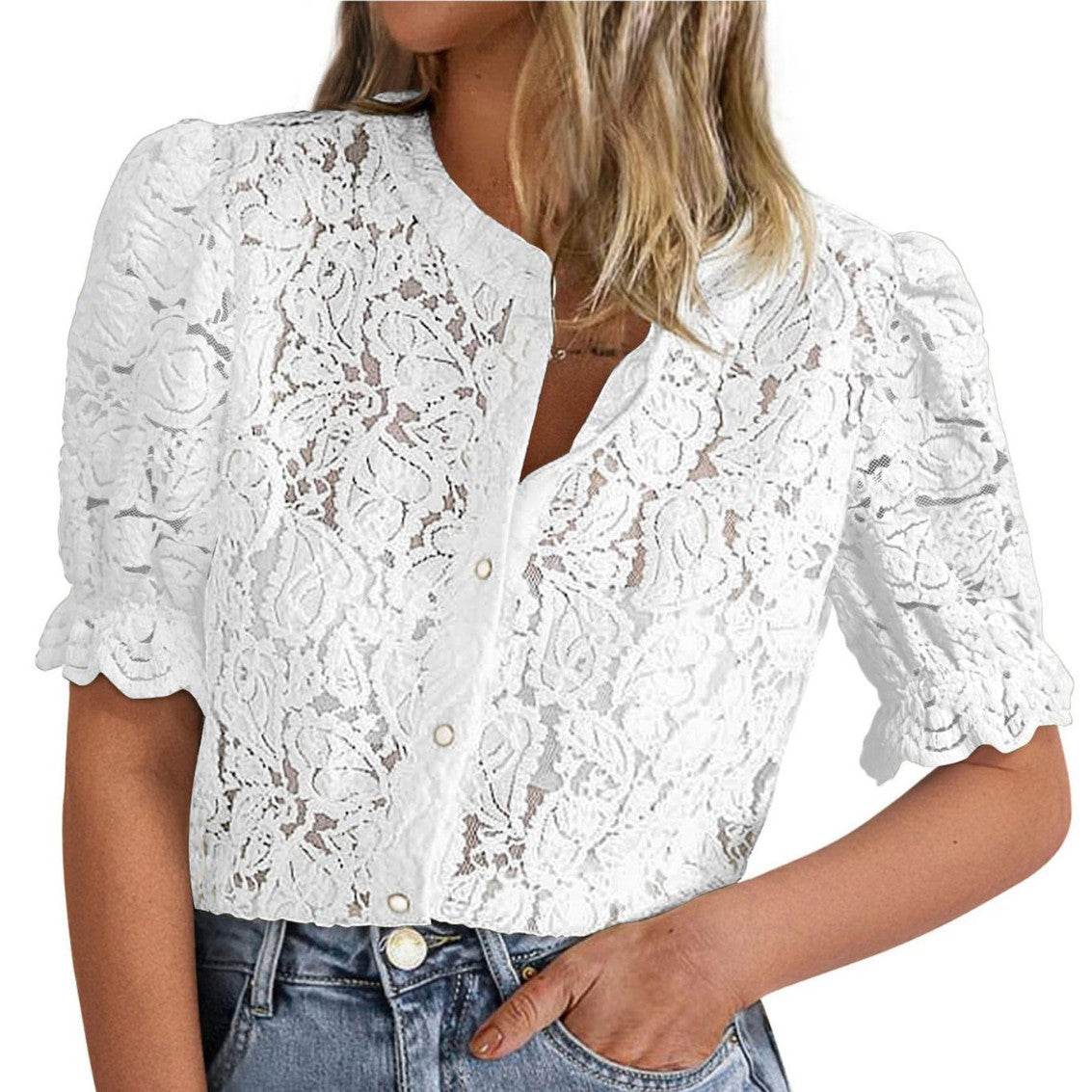 European And American Summer Lace Short Sleeve Casual Button Shirt - Velora