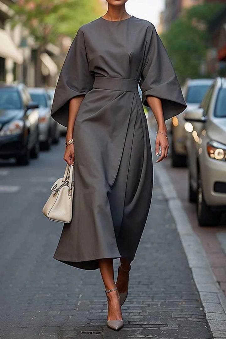 Loose Batwing Sleeve Dress Fashion Waist-tighted Solid Color Elegant Dresses For Women Clothing - Velora