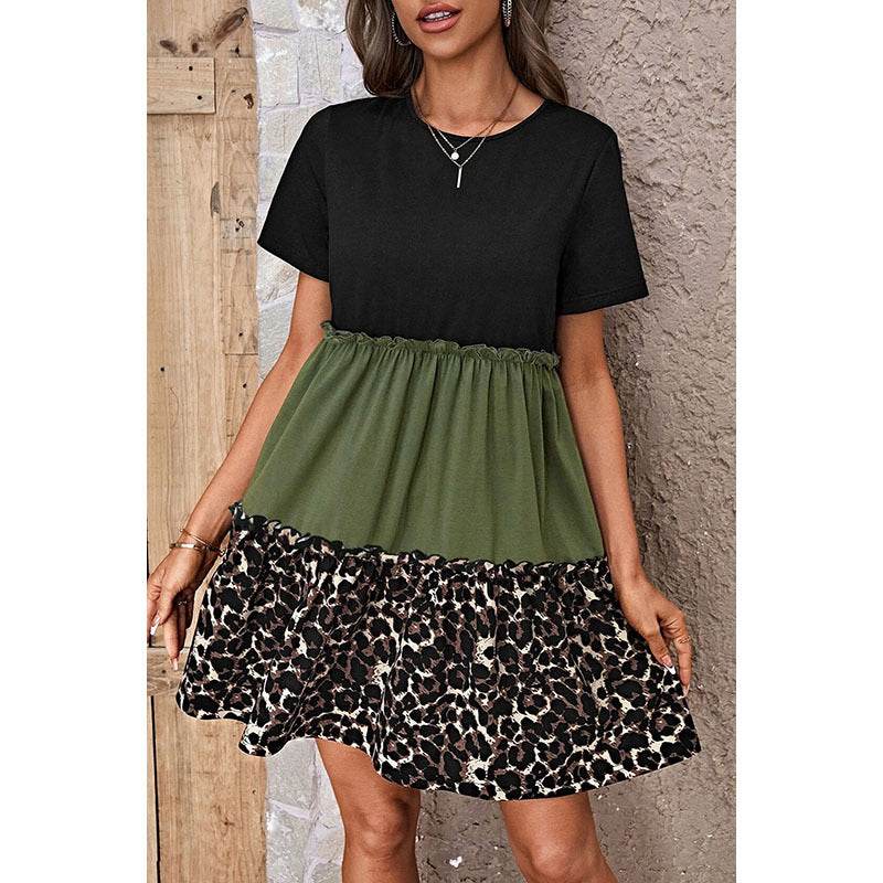 Leopard Print Contrast Stitching Short Sleeves Dress - Velora