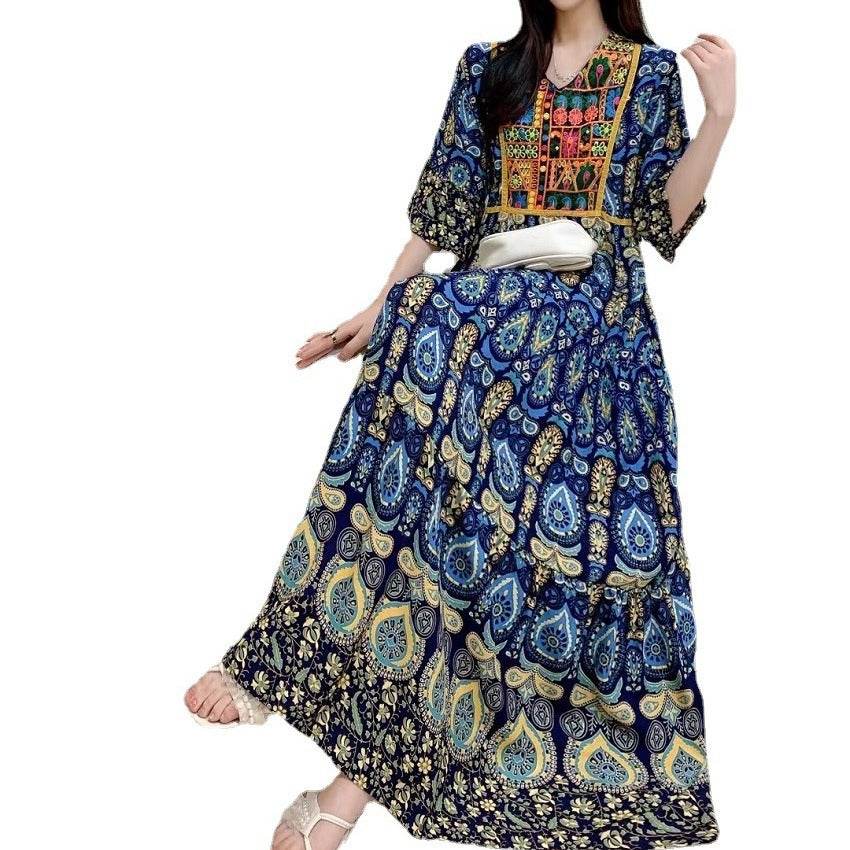 V-neck Embroidery Bell Sleeve Waist Trimming Casual Dress - Velora