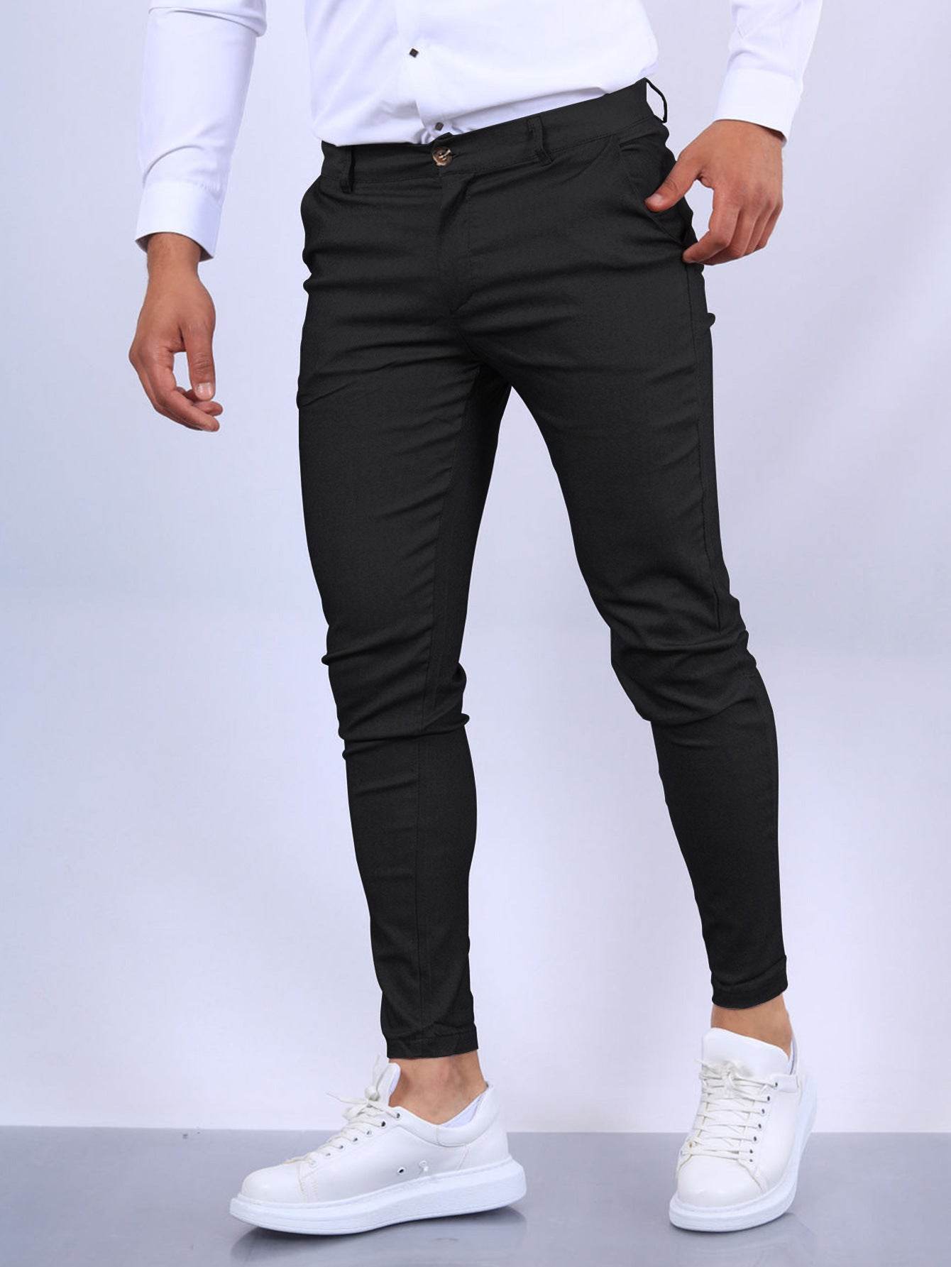Men's Slim Button Trousers Fashion Solid Office Versatile Long Pencil Pants - Velora