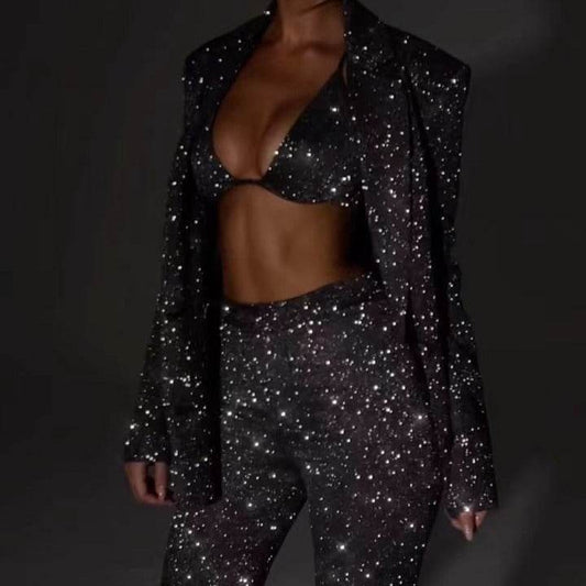 3pcs Shiny Long-sleeved Suit With Bra Lapel Blazer And Straight-leg Trousers Fashion Party Jacket Set For Women Clothing - Velora