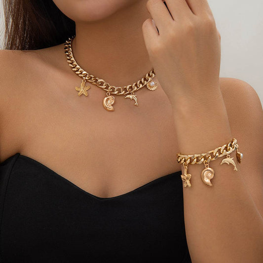 Boho Dolphin Starfish Conch Pendant Jewelry Set โ Choker Necklace & Bracelets for Women - Velora