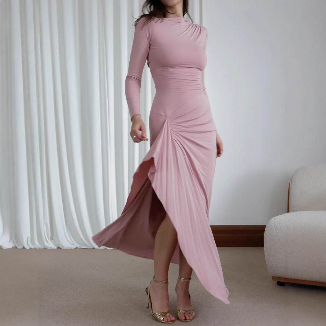 Slim-fitting Long-sleeved Asymmetric Split Dress Ins Fashion Solid Color Long Dresses For Women - Velora