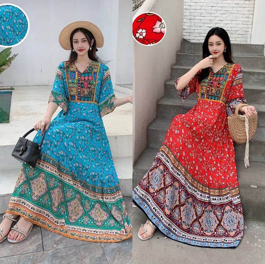V-neck Embroidery Bell Sleeve Waist Trimming Casual Dress - Velora