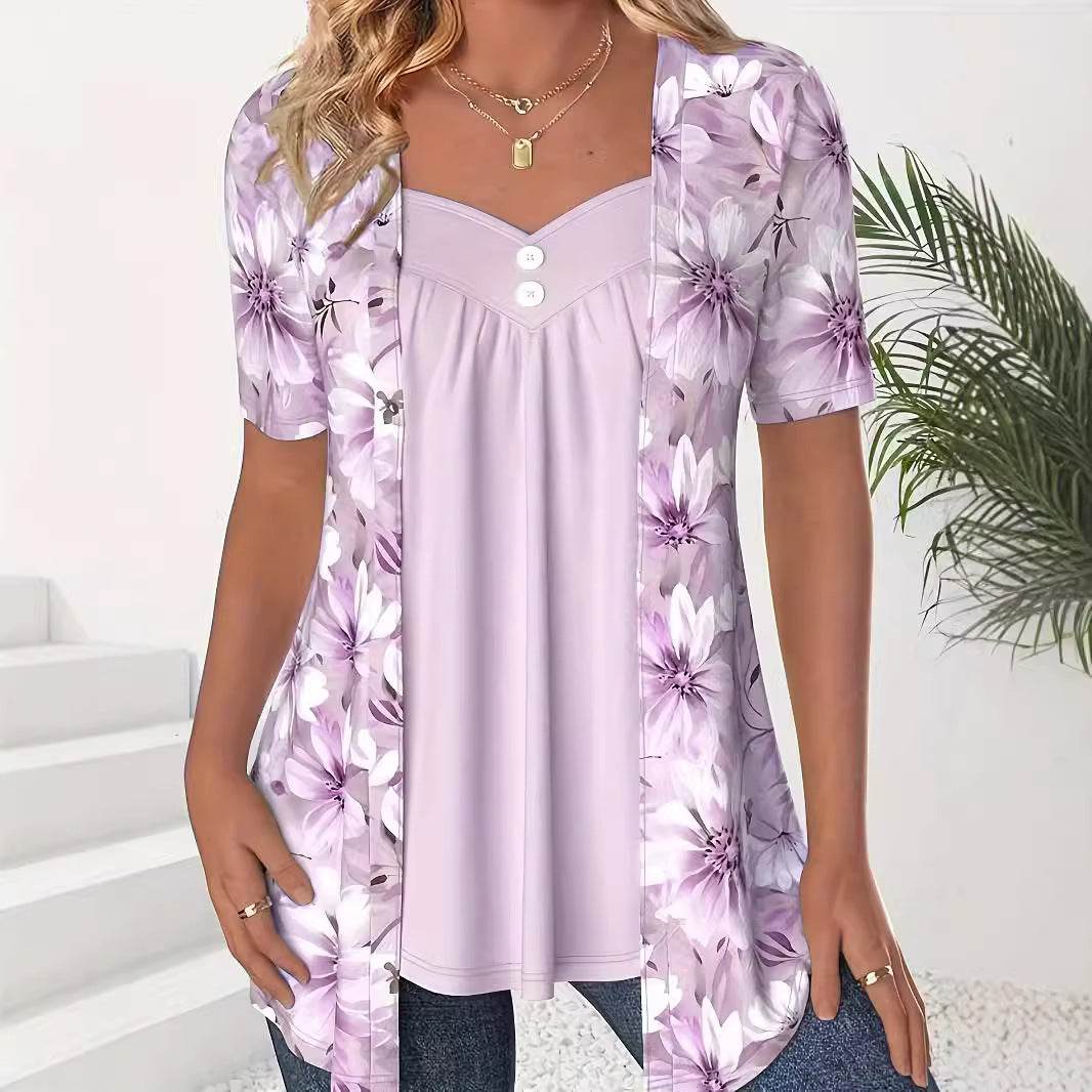 Fake Two Pieces Short Sleeve Printed Fashion Button Top - Velora