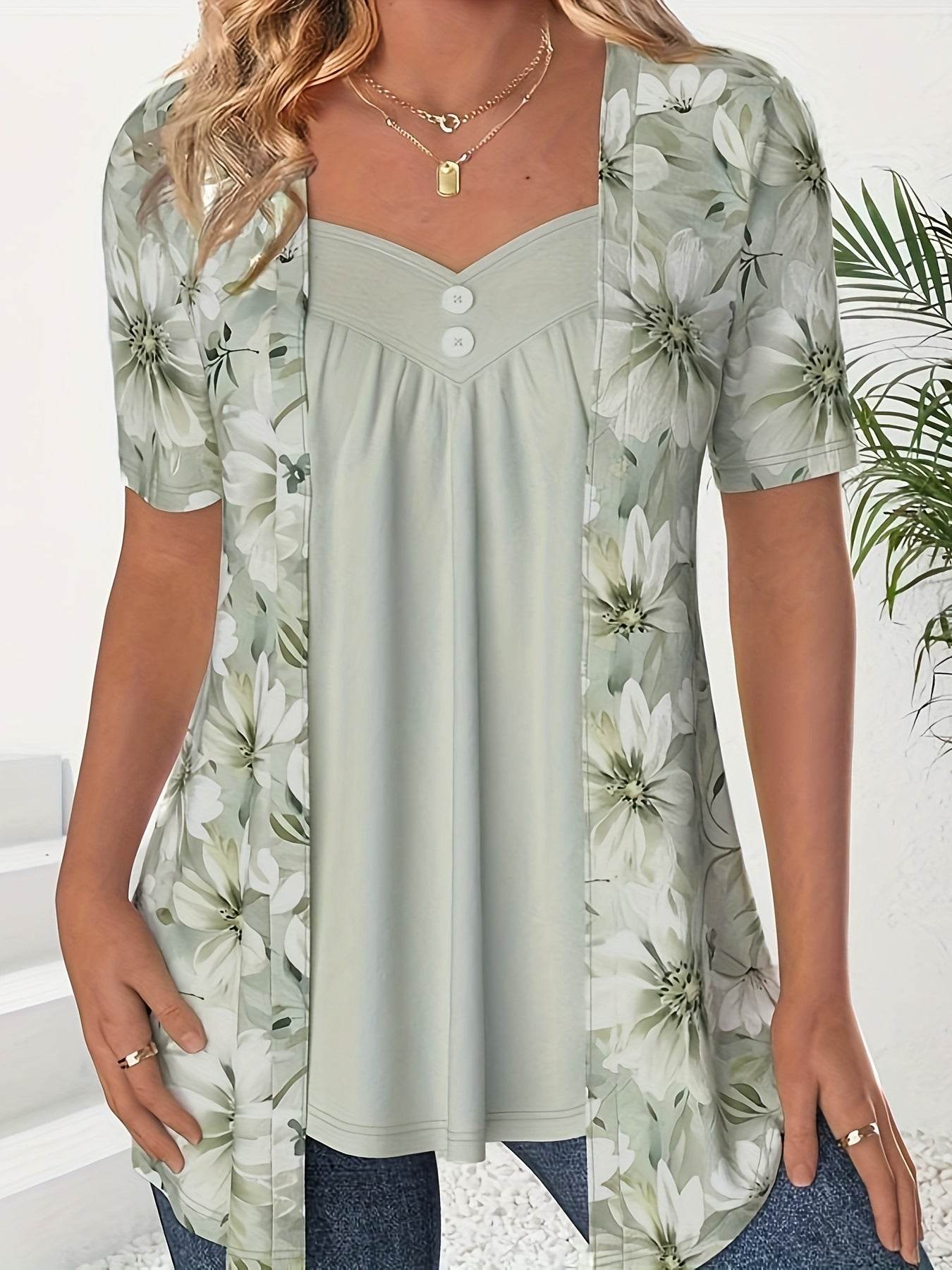 Fake Two Pieces Short Sleeve Printed Fashion Button Top - Velora