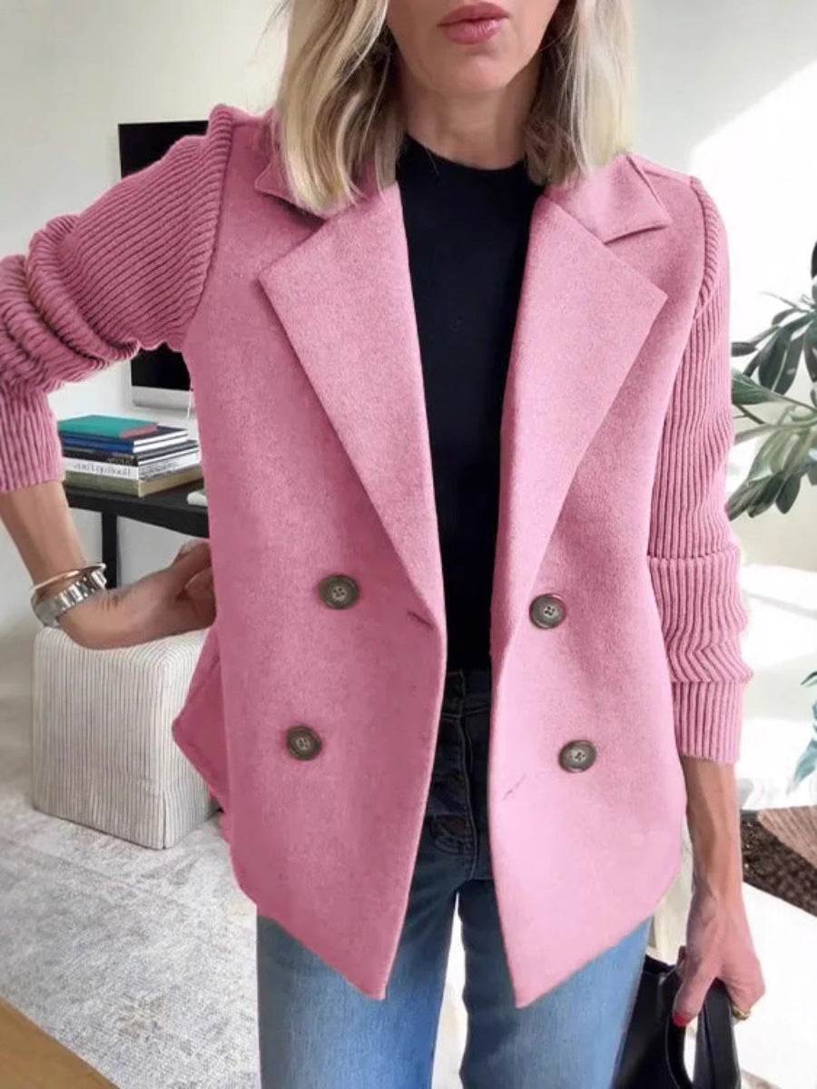 Double Breasted Lapel Jacket Fashion Knitted Sleeves Splicing Design Coat Outerwear Women's Clothing - Velora