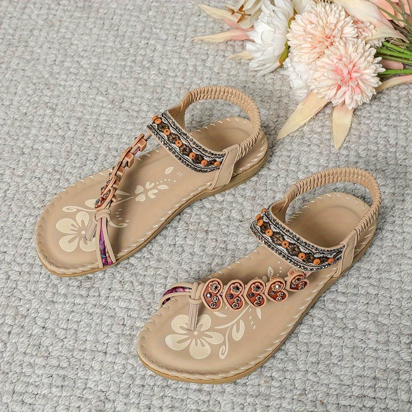 Bohemian Thong Sandals Summer Fashion Flowers Flat Beach Shoes For Women - Velora