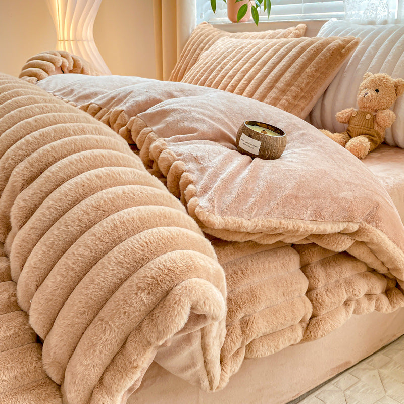 Rabbit Plush Four-piece Set Thickened Milk Fiber Sheets Coral Fleece Duvet Cover EX-STOCK Canada